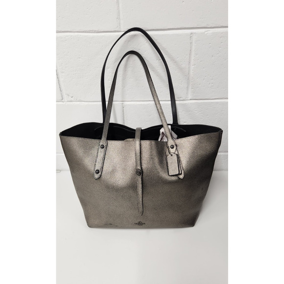 Coach Market Large Gunmetal/Silver/Black Polished Pebble Leather Tote Bag Used - Picture 3 of 14